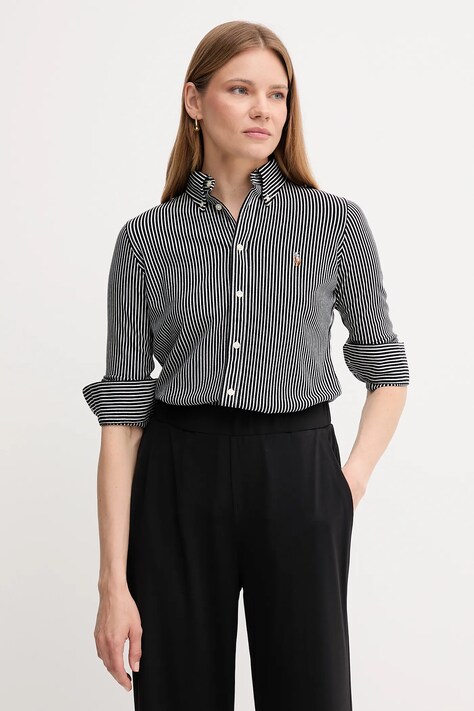 Polo Ralph Lauren koszula bawełniana damska kolor czarny slim z kołnierzykiem klasycznym 211910131