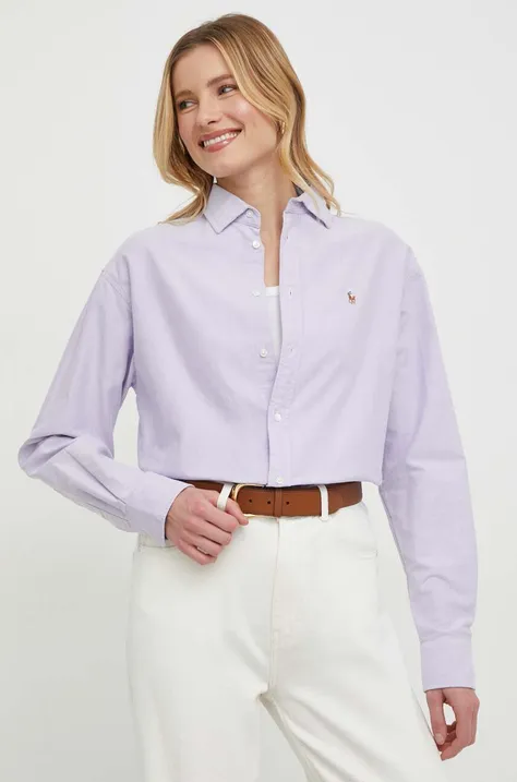 Bavlnená košeľa Polo Ralph Lauren dámska, fialová farba, voľný strih, s klasickým golierom