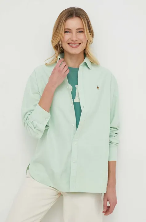 Pamučna košulja Polo Ralph Lauren za žene, boja: zelena, relaxed, s klasičnim ovratnikom