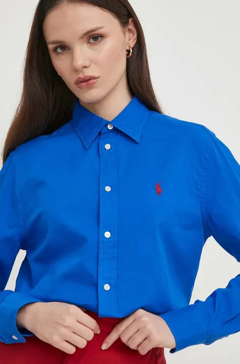 Бавовняна сорочка Polo Ralph Lauren жіноча колір синій regular класичний комір
