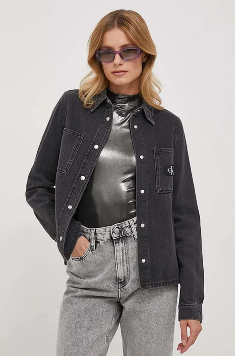 Rifľová košeľa Calvin Klein Jeans dámska, šedá farba, slim, s klasickým golierom