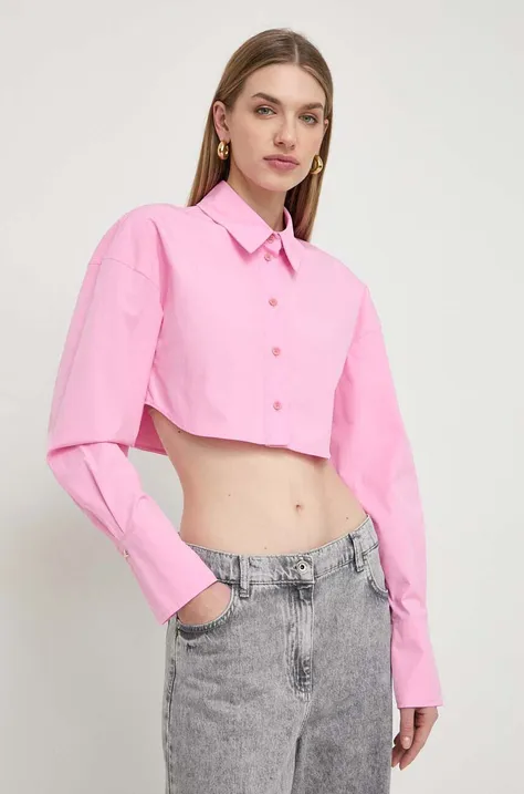 Памучна риза Patrizia Pepe дамска в розово със стандартна кройка с класическа яка 8C0696 A391