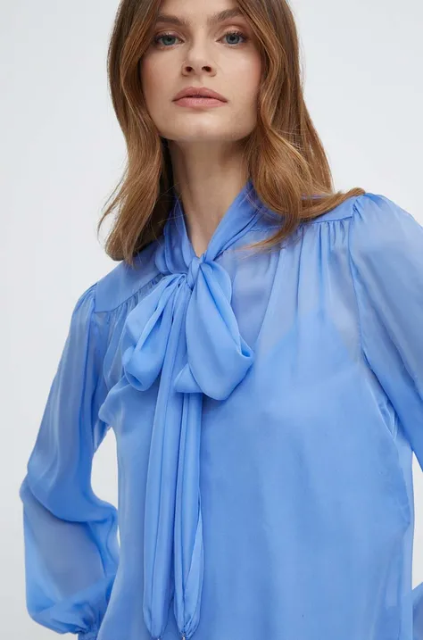 Luisa Spagnoli bluzka jedwabna RUNWAY COLLECTION kolor niebieski gładka 541119