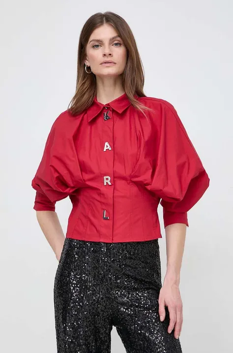 Pamučna košulja Karl Lagerfeld za žene, boja: crvena, relaxed, s klasičnim ovratnikom