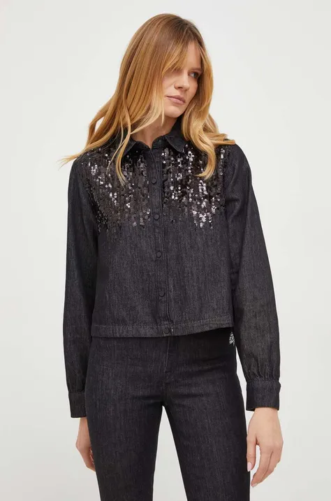 Karl Lagerfeld camasa jeans femei, culoarea negru, cu guler clasic, regular