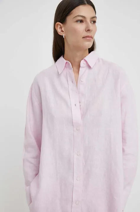Lanena košulja Samsoe Samsoe SALOVA boja: ružičasta, relaxed, s klasičnim ovratnikom, F24100188