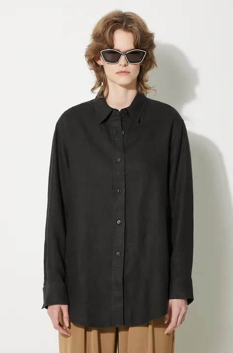 Lanena košulja Samsoe Samsoe SALOVA boja: crna, relaxed, s klasičnim ovratnikom, F24100188