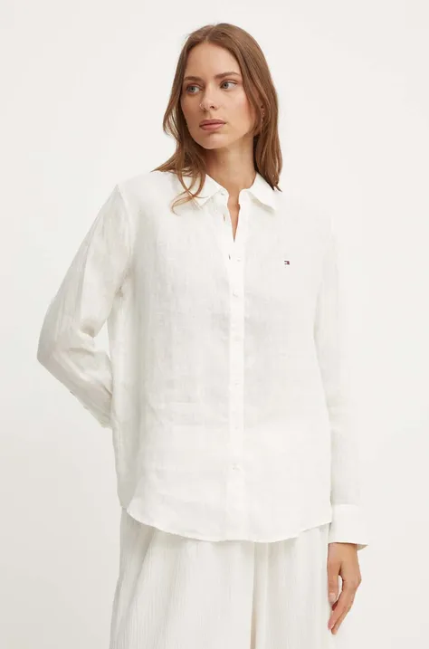 Lněná košile Tommy Hilfiger béžová barva, relaxed, s klasickým límcem, WW0WW42037