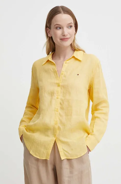 Ľanová košeľa Tommy Hilfiger žltá farba, voľný strih, s klasickým golierom, WW0WW42037