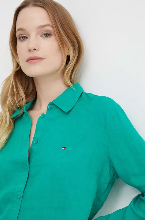 Lněná košile Tommy Hilfiger zelená barva, relaxed, s klasickým límcem, WW0WW42037