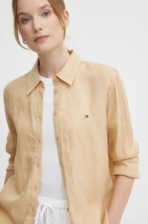 Lněná košile Tommy Hilfiger béžová barva, relaxed, s klasickým límcem, WW0WW42037