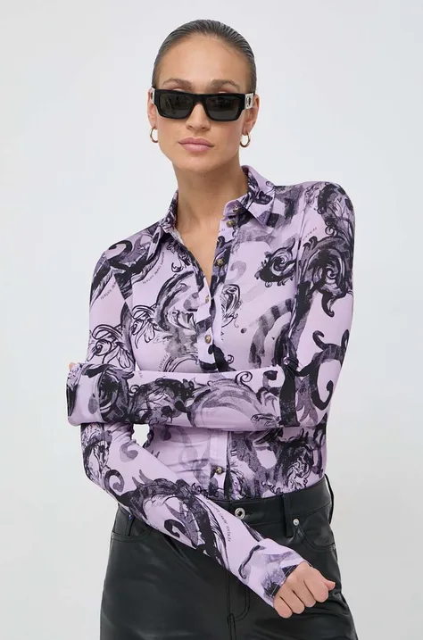 Košulja Versace Jeans Couture za žene, boja: ljubičasta, slim, s klasičnim ovratnikom