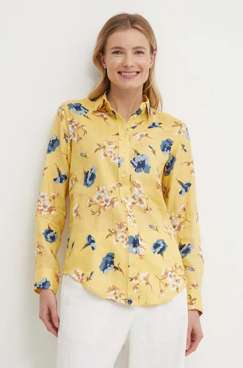 Lněná košile Lauren Ralph Lauren žlutá barva, regular, s klasickým límcem, 200938933