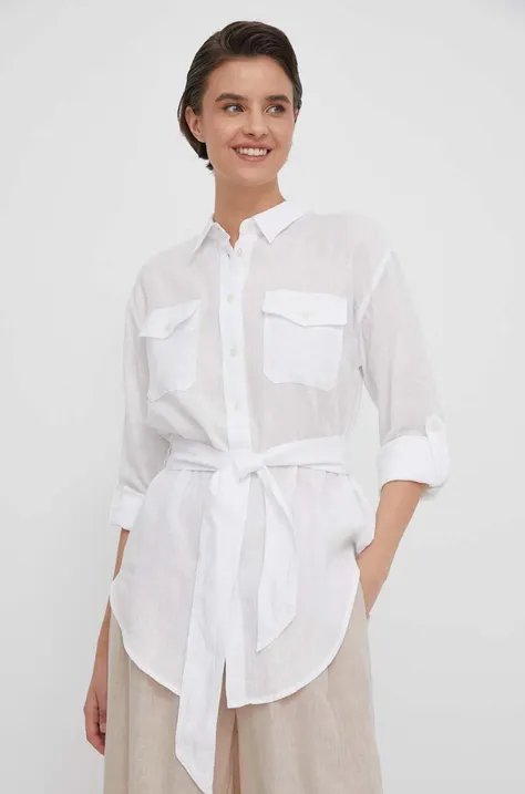 Lněná košile Lauren Ralph Lauren bílá barva, regular, s klasickým límcem