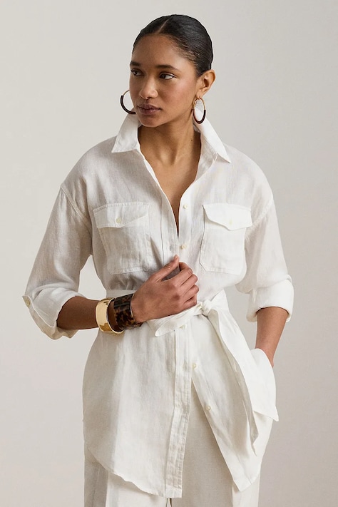 Lauren Ralph cămașă de in culoarea alb, cu guler clasic, regular 200786629