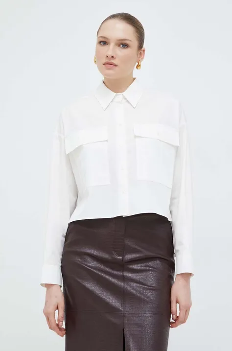 Памучна риза Weekend Max Mara дамска в бяло със свободна кройка с класическа яка 2415111011600