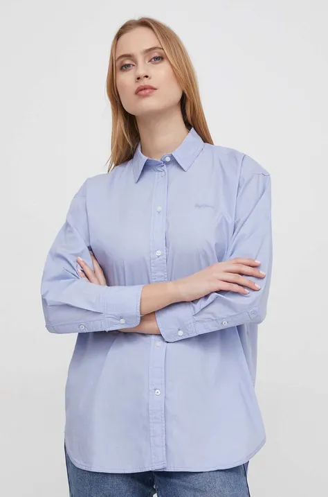 Памучна риза Pepe Jeans дамска в синьо със свободна кройка с класическа яка