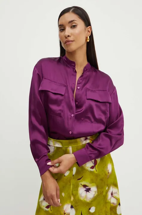 Hedvábné tričko MAX&Co. fialová barva, relaxed, se stojáčkem, 2416111052200