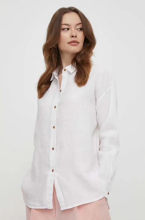 Lanena košulja Barbour boja: bijela, relaxed, s klasičnim ovratnikom