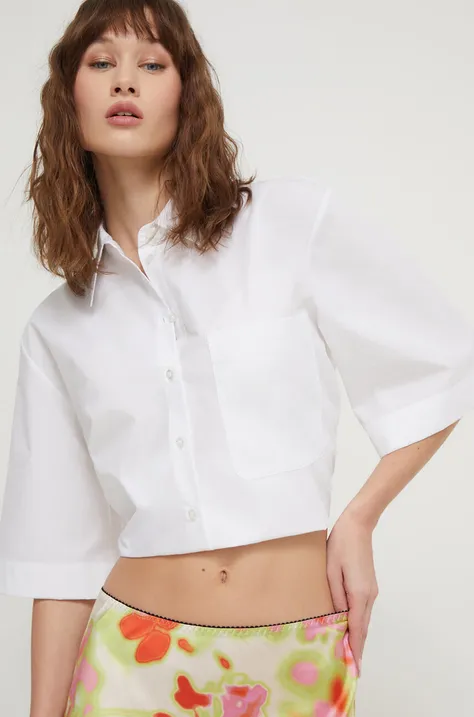 Pamučna košulja HUGO za žene, boja: bijela, relaxed, s klasičnim ovratnikom, 50512719
