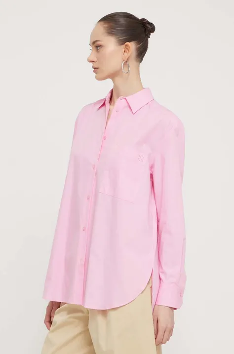 Хлопковая рубашка HUGO женская цвет розовый relaxed классический воротник