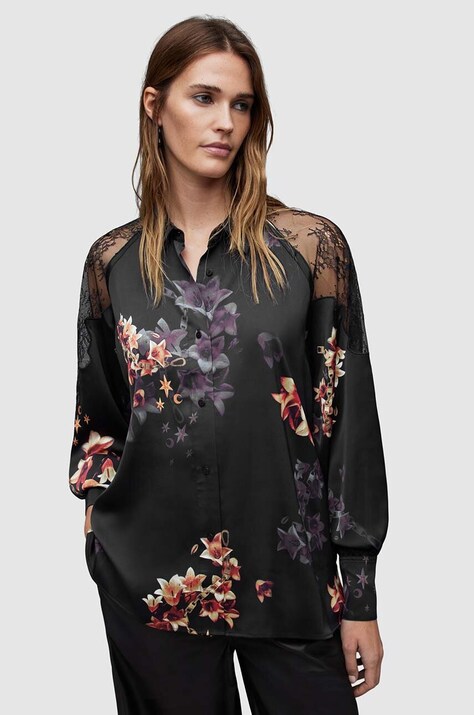 Сорочка з шовком AllSaints Oana колір чорний relaxed класичний комір