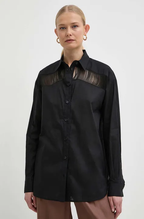 Pamučna košulja Pinko za žene, boja: crna, relaxed, s klasičnim ovratnikom, 103738 A1XN