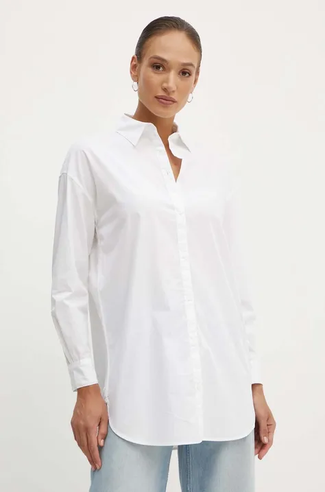 Памучна риза Armani Exchange дамска в бяло със свободна кройка с класическа яка