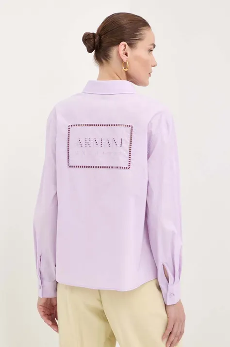 Памучна риза Armani Exchange дамска в лилаво със стандартна кройка с класическа яка 3DYC27 YN4RZ