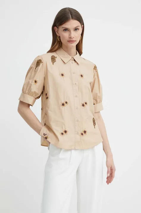 Bavlnená košeľa Twinset dámska, béžová farba, regular, s klasickým golierom