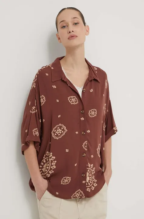 Košile Roxy Beach Nostalgia dámská, hnědá barva, relaxed, s klasickým límcem, ERJWT03614