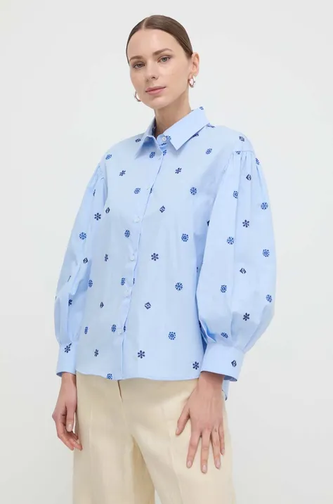 Памучна риза Weekend Max Mara дамска в синьо със стандартна кройка с класическа яка 2415111052600