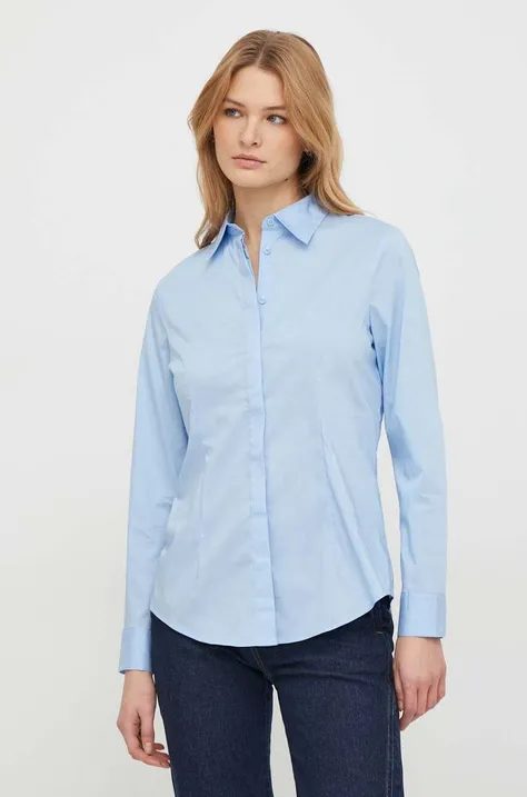 Риза United Colors of Benetton дамска в синьо със стандартна кройка с класическа яка