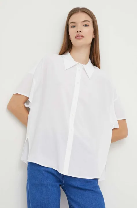 Риза United Colors of Benetton дамска в бяло със свободна кройка с класическа яка