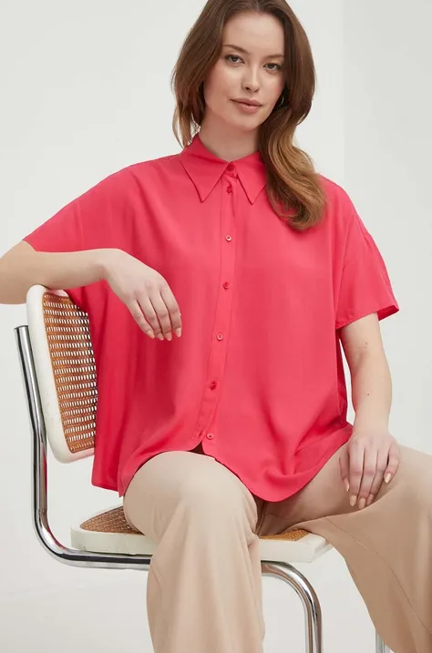 Риза United Colors of Benetton дамска в розово със свободна кройка с класическа яка