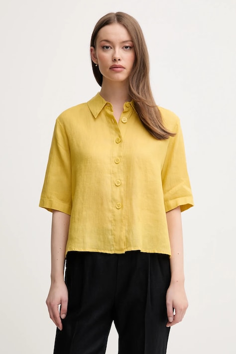 Lněná košile United Colors of Benetton hnědá barva, regular, s klasickým límcem