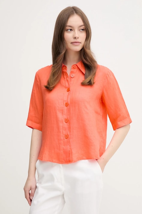 Lněná košile United Colors of Benetton hnědá barva, regular, s klasickým límcem