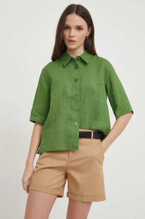 Ľanová košeľa United Colors of Benetton zelená farba, regular, s klasickým golierom