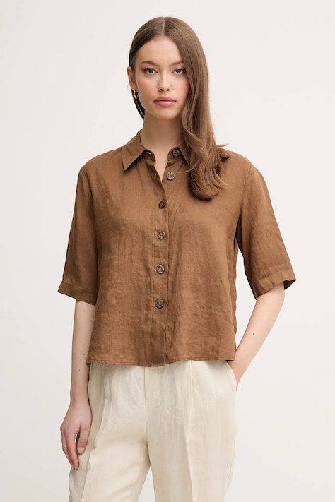 Lněná košile United Colors of Benetton hnědá barva, regular, s klasickým límcem