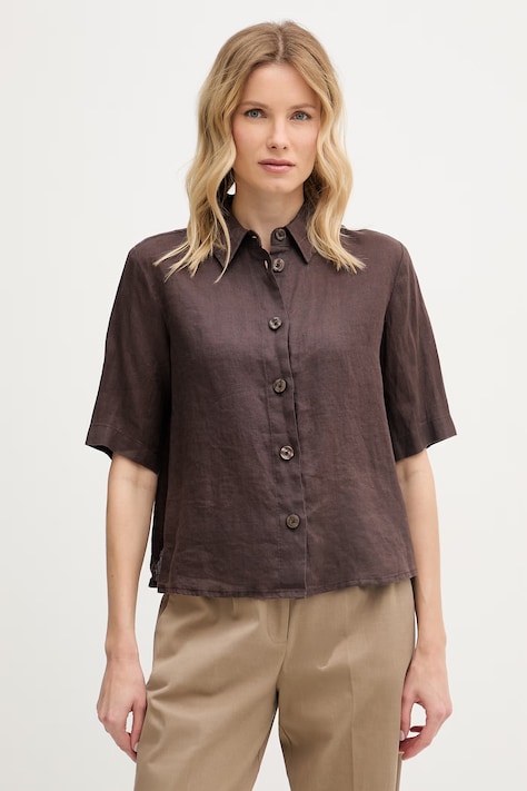 United Colors of Benetton πουκάμισο γυναικείο λινό καφέ απλό 5BML5QB75