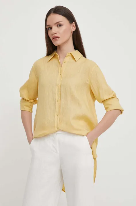 Lněná košile United Colors of Benetton žlutá barva, regular, s klasickým límcem
