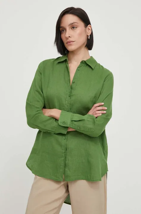 Льняная рубашка United Colors of Benetton цвет зелёный regular классический воротник