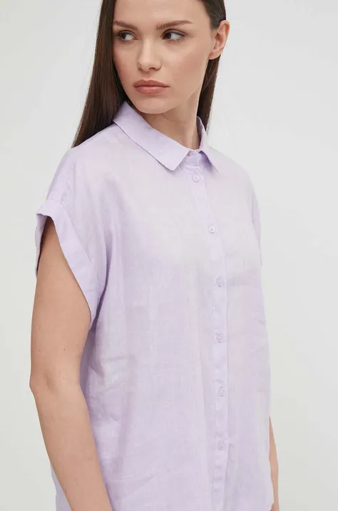Льняная рубашка United Colors of Benetton цвет фиолетовый regular классический воротник