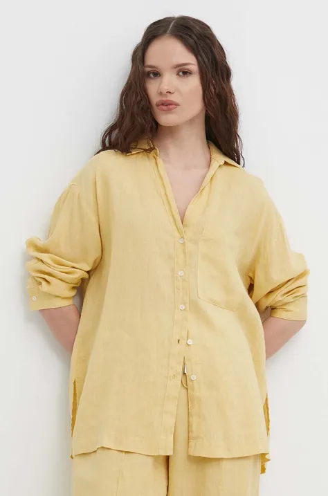 Lněná košile United Colors of Benetton žlutá barva, relaxed, s klasickým límcem