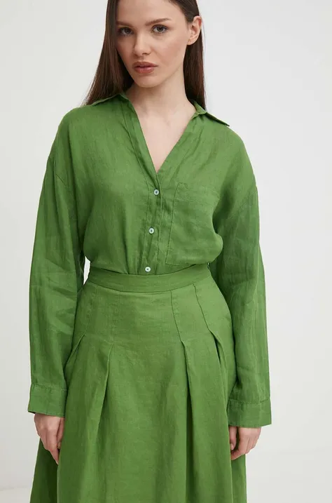 Lněná košile United Colors of Benetton zelená barva, relaxed, s klasickým límcem