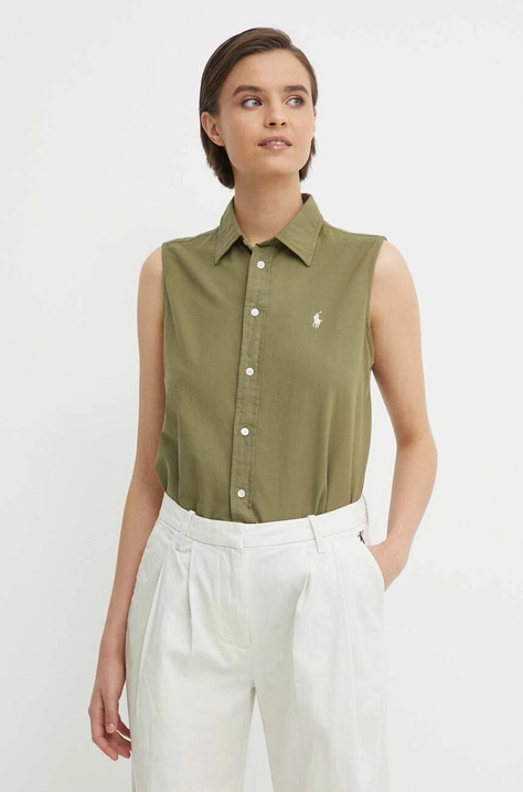 Polo Ralph Lauren cămașă din bumbac femei, culoarea verde, cu guler clasic, regular, 211906512