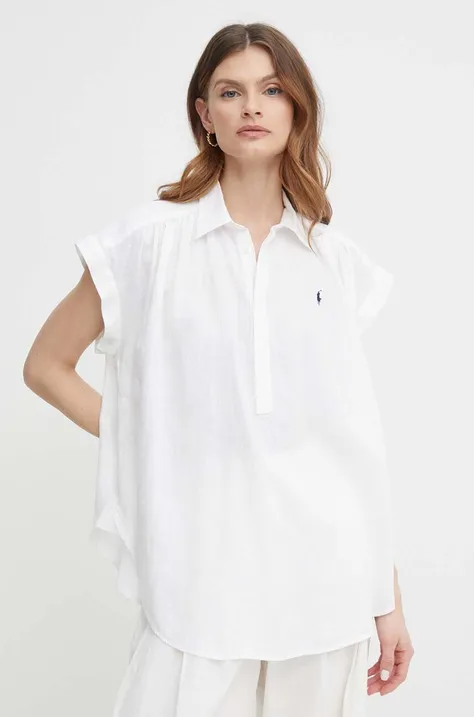 Lanena bluza Polo Ralph Lauren bela barva, 211935131