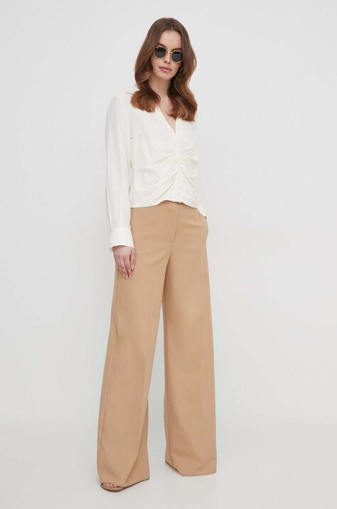Sisley camasa femei, culoarea bej, cu guler clasic, regular