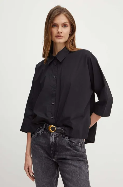 Bavlnená košeľa Sisley dámska, čierna farba, regular, s klasickým golierom