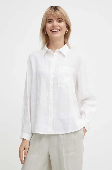 Lněná košile Sisley béžová barva, relaxed, s klasickým límcem